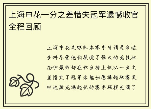 上海申花一分之差惜失冠军遗憾收官全程回顾 上海申花一分之差惜失冠军遗憾收官全程回顾