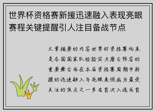 世界杯资格赛新援迅速融入表现亮眼赛程关键提醒引人注目备战节点