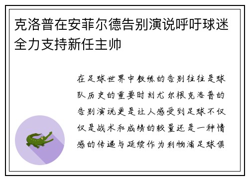 克洛普在安菲尔德告别演说呼吁球迷全力支持新任主帅