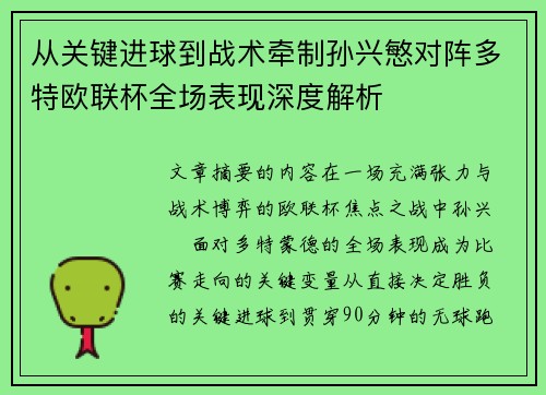 从关键进球到战术牵制孙兴慜对阵多特欧联杯全场表现深度解析